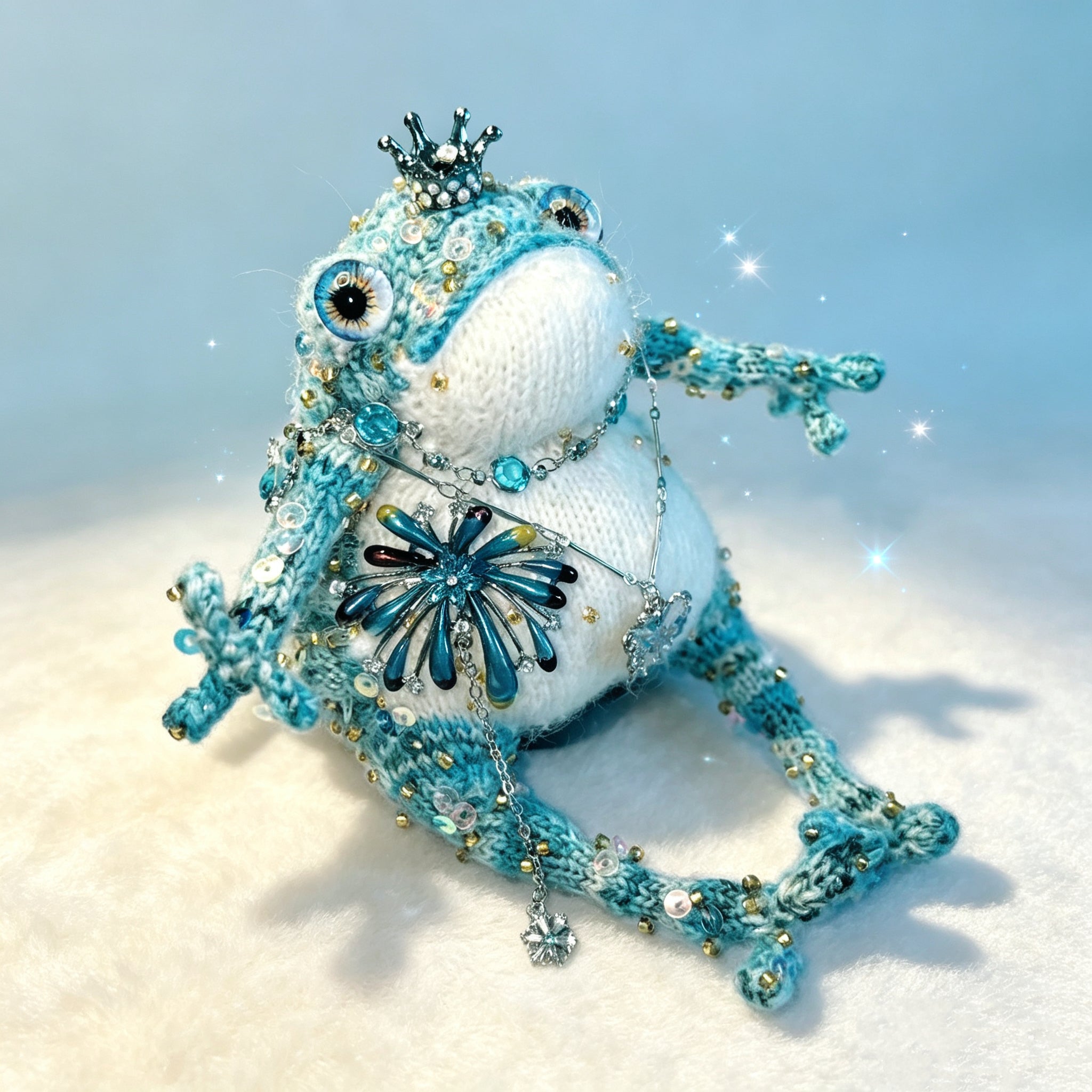 The Toad Who Wears the Tide – Hand-Knitted Deep-Sea Noble with Crystal Crown, Butterfly Pendant, Coral-Like Brooch &amp; Sequin-Sealed Blue-Green Limbs | The Third Space