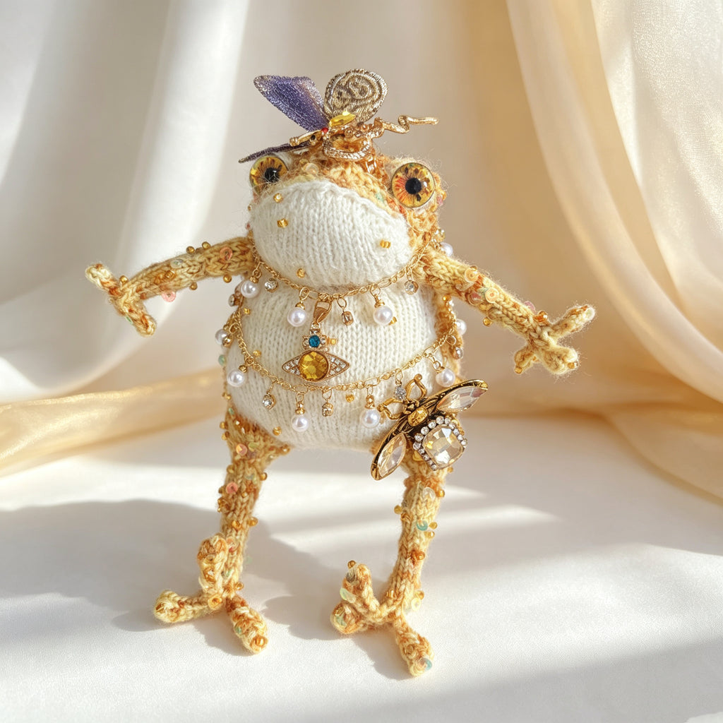 Cosmic Bee Saturn Toad – Handknit Cream &amp; Gold Figurine with Crystal-Winged Bee, Planetary Pendant &amp; Sequin Stardust