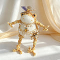 Cosmic Bee Saturn Toad – Handknit Cream &amp; Gold Figurine with Crystal-Winged Bee, Planetary Pendant &amp; Sequin Stardust