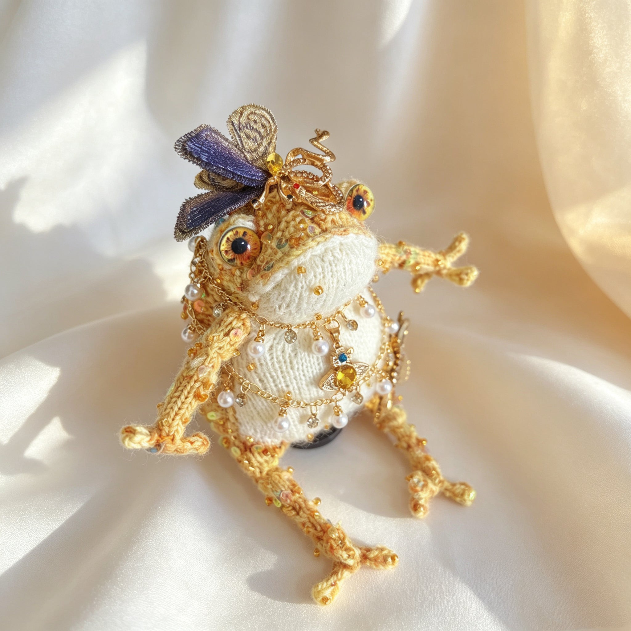 Cosmic Bee Saturn Toad – Handknit Cream &amp; Gold Figurine with Crystal-Winged Bee, Planetary Pendant &amp; Sequin Stardust