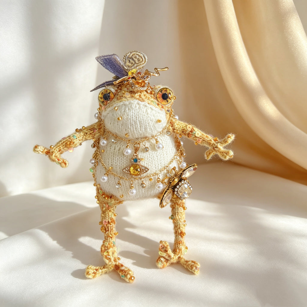 Cosmic Bee Saturn Toad – Handknit Cream &amp; Gold Figurine with Crystal-Winged Bee, Planetary Pendant &amp; Sequin Stardust
