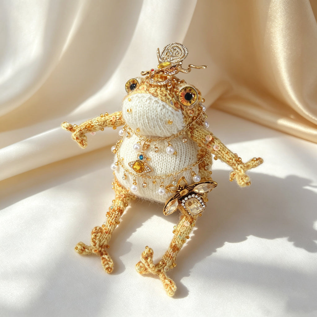 Cosmic Bee Saturn Toad – Handknit Cream &amp; Gold Figurine with Crystal-Winged Bee, Planetary Pendant &amp; Sequin Stardust