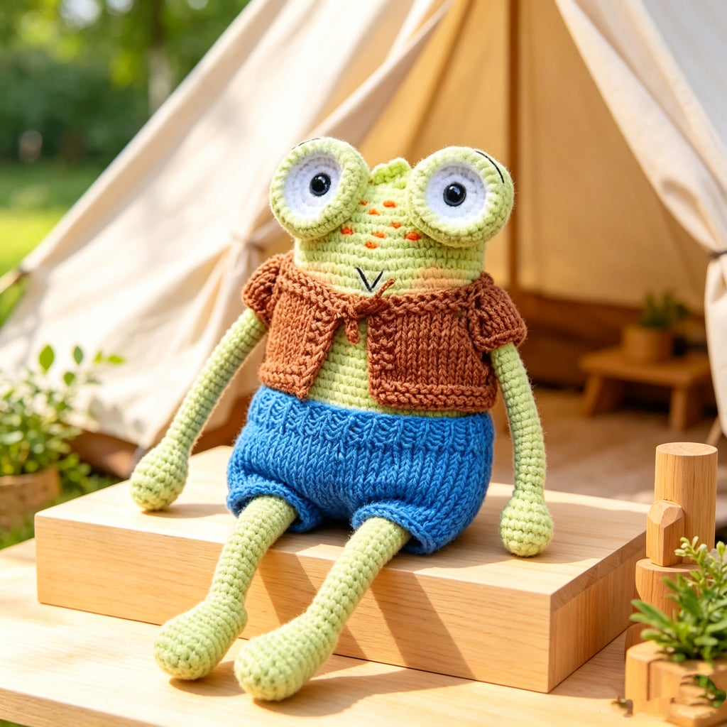 The Frog Duo – Hand-Crocheted Pair of Childhood Friends: One in Brown Vest &amp; Blue Shorts, One in Red Dress &amp; Yellow Shoes | The Third Space