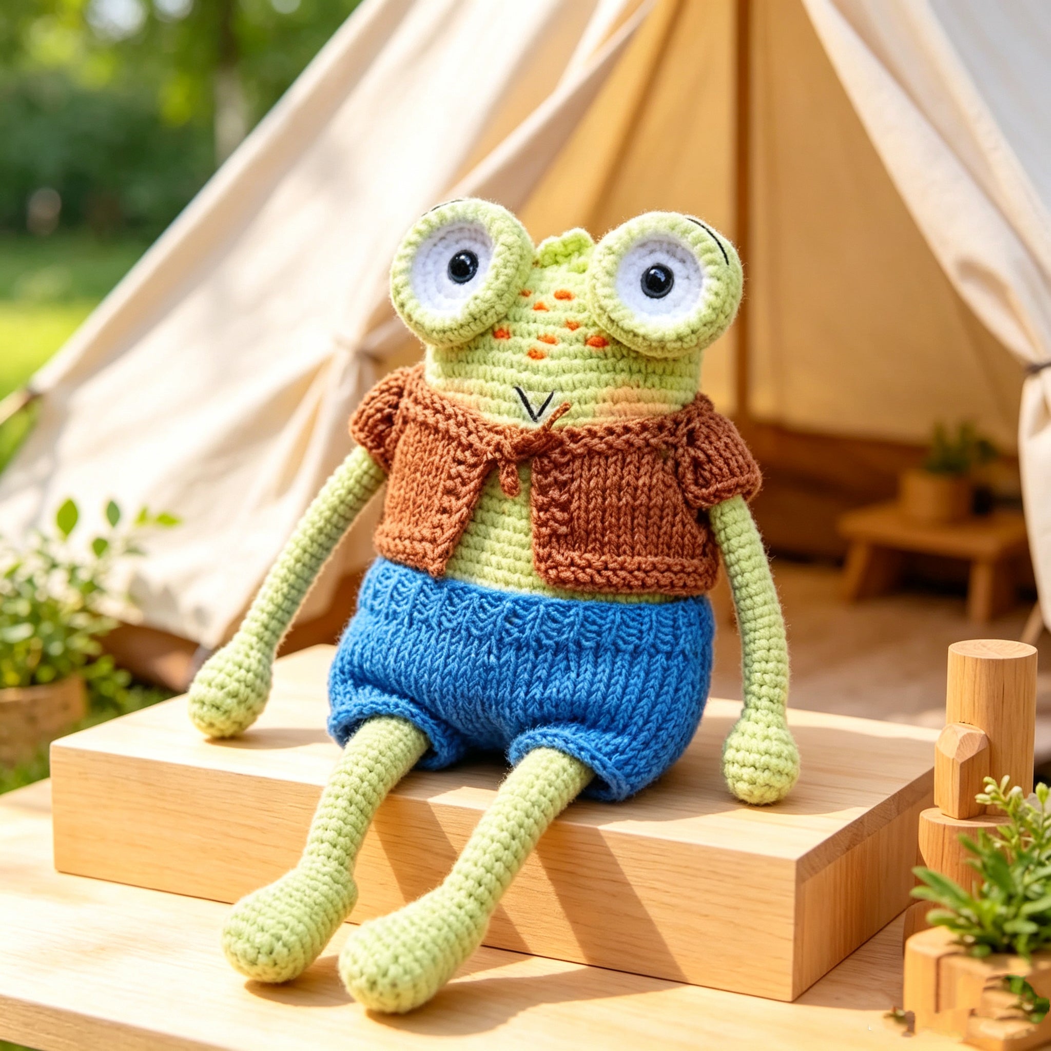 The Frog Duo – Hand-Crocheted Pair of Childhood Friends: One in Brown Vest &amp; Blue Shorts, One in Red Dress &amp; Yellow Shoes | The Third Space
