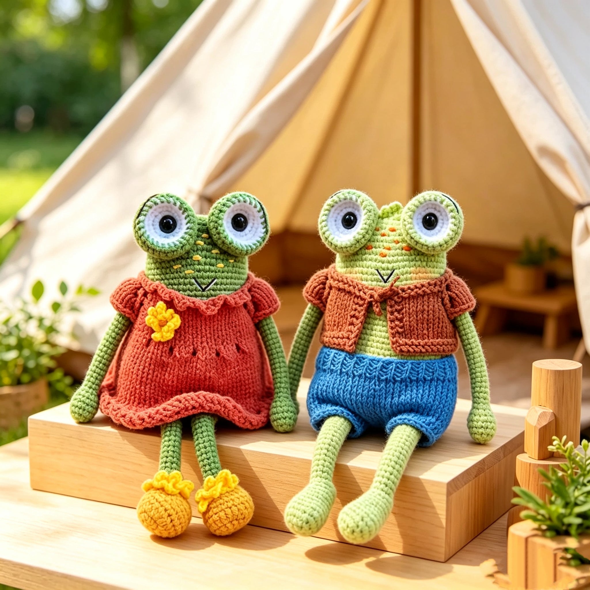The Frog Duo – Hand-Crocheted Pair of Childhood Friends: One in Brown Vest &amp; Blue Shorts, One in Red Dress &amp; Yellow Shoes | The Third Space
