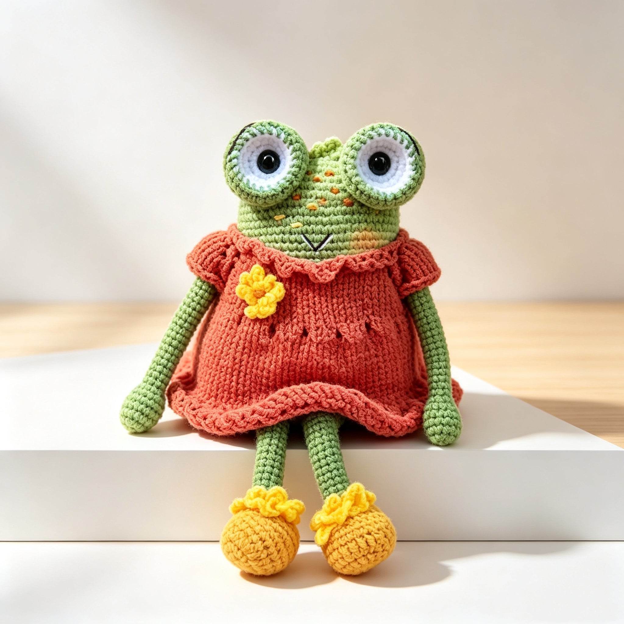 The Frog Duo – Hand-Crocheted Pair of Childhood Friends: One in Brown Vest &amp; Blue Shorts, One in Red Dress &amp; Yellow Shoes | The Third Space