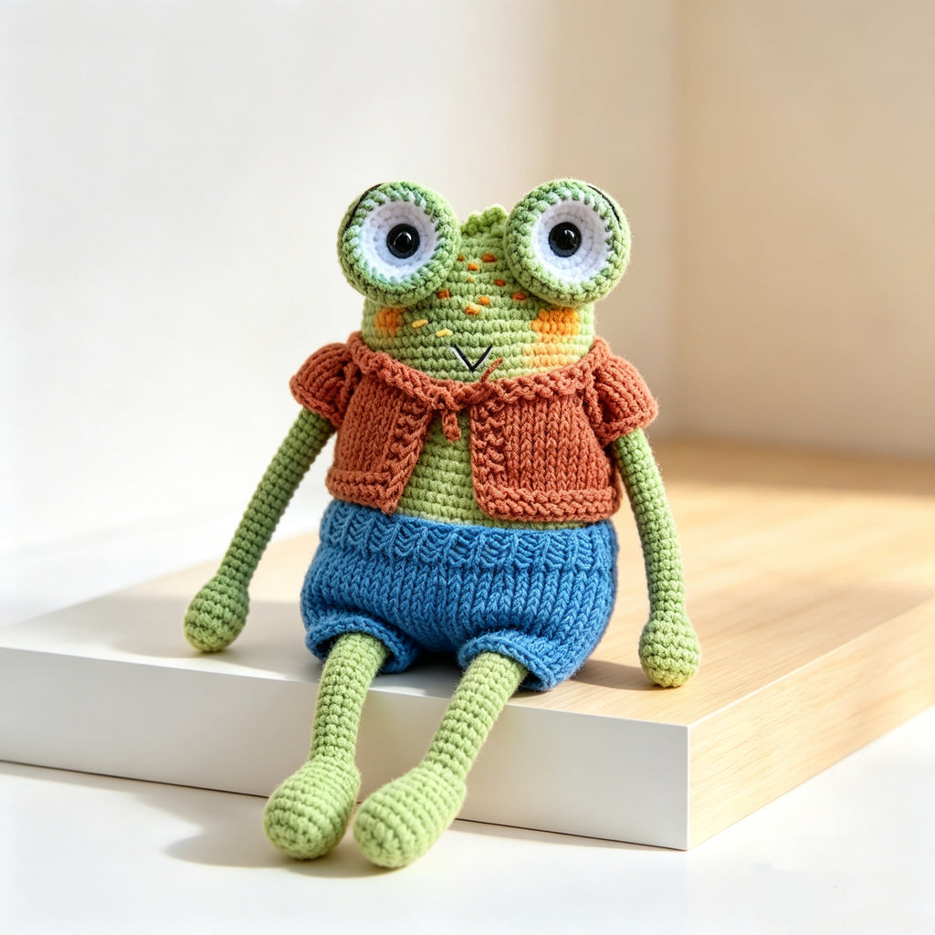The Frog Duo – Hand-Crocheted Pair of Childhood Friends: One in Brown Vest &amp; Blue Shorts, One in Red Dress &amp; Yellow Shoes | The Third Space