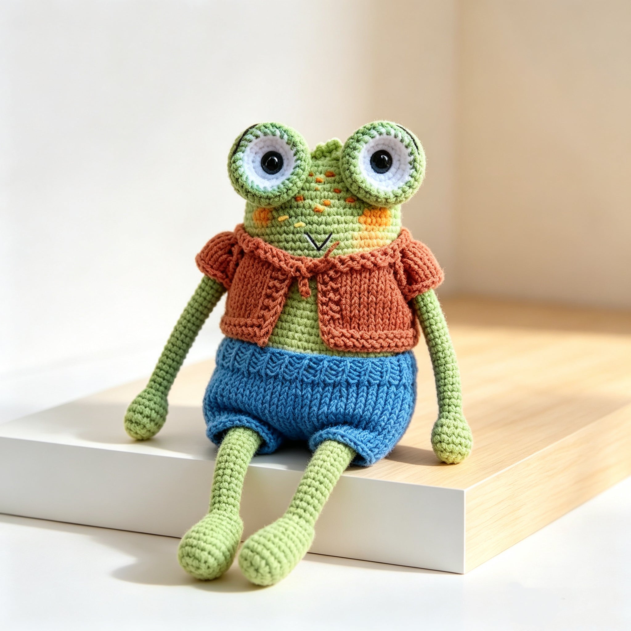 The Frog Duo – Hand-Crocheted Pair of Childhood Friends: One in Brown Vest &amp; Blue Shorts, One in Red Dress &amp; Yellow Shoes | The Third Space