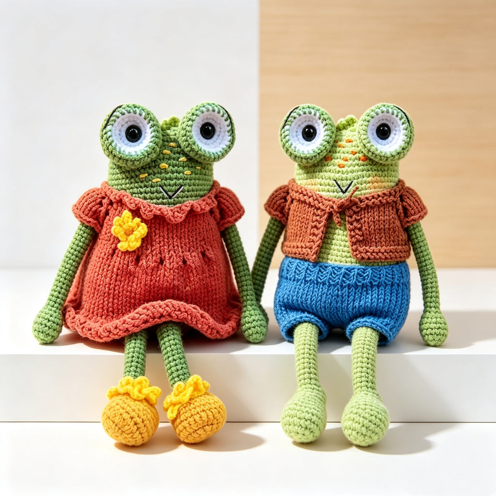 The Frog Duo – Hand-Crocheted Pair of Childhood Friends: One in Brown Vest &amp; Blue Shorts, One in Red Dress &amp; Yellow Shoes | The Third Space