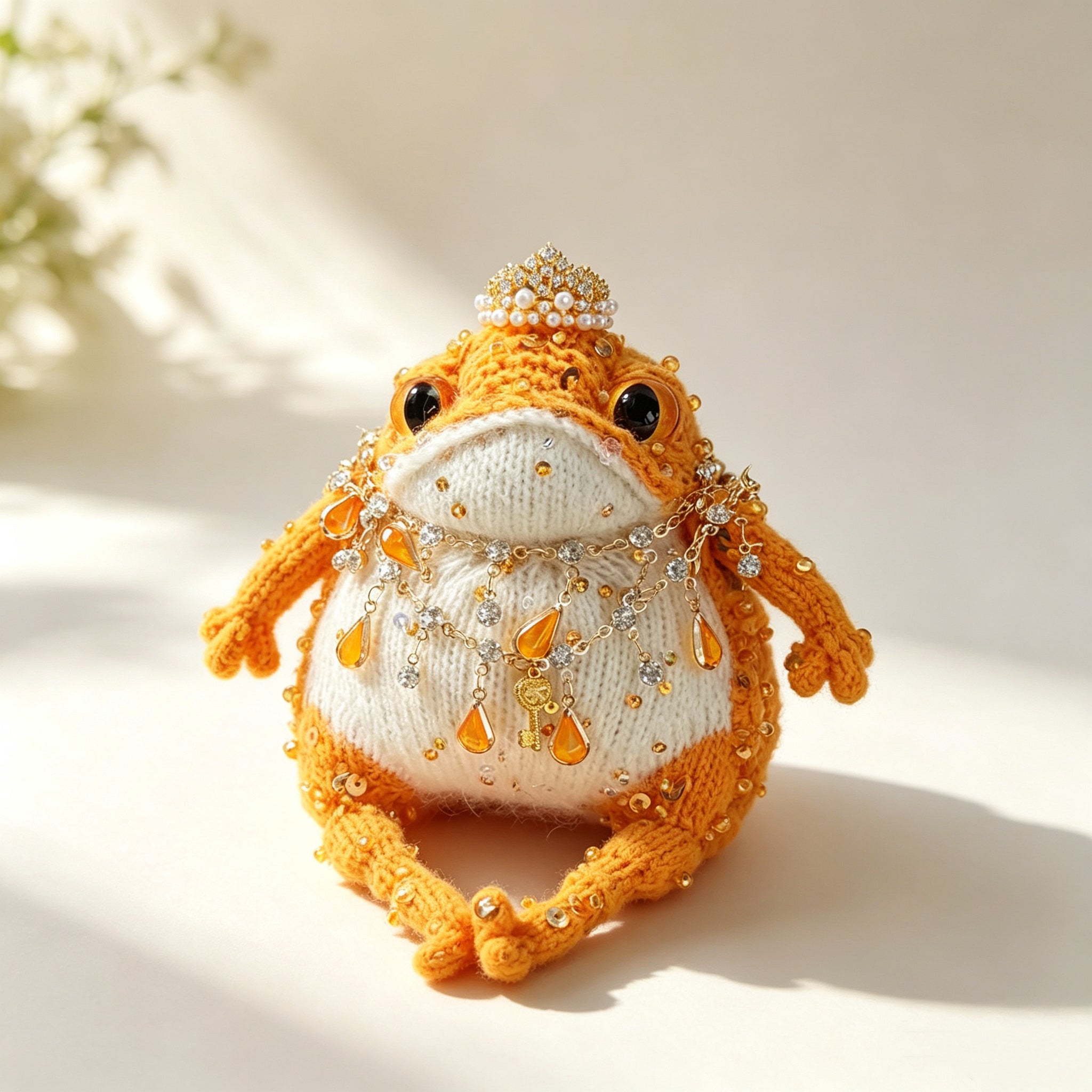 The Tangerine Toad Who Carries Luck – Hand-Knitted Orange Fortune Figurine with Pearl Crown, Amber Teardrops, Crystal Chains &amp; A Lucky Phone Charm | The Third Space