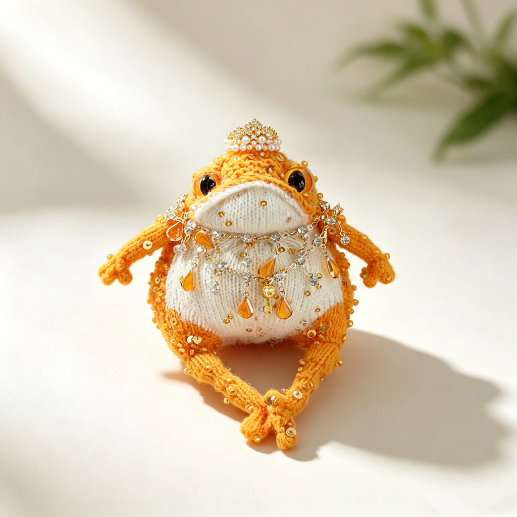 The Tangerine Toad Who Carries Luck – Hand-Knitted Orange Fortune Figurine with Pearl Crown, Amber Teardrops, Crystal Chains &amp; A Lucky Phone Charm | The Third Space