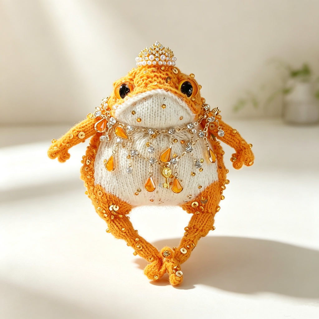 The Tangerine Toad Who Carries Luck – Hand-Knitted Orange Fortune Figurine with Pearl Crown, Amber Teardrops, Crystal Chains &amp; A Lucky Phone Charm | The Third Space
