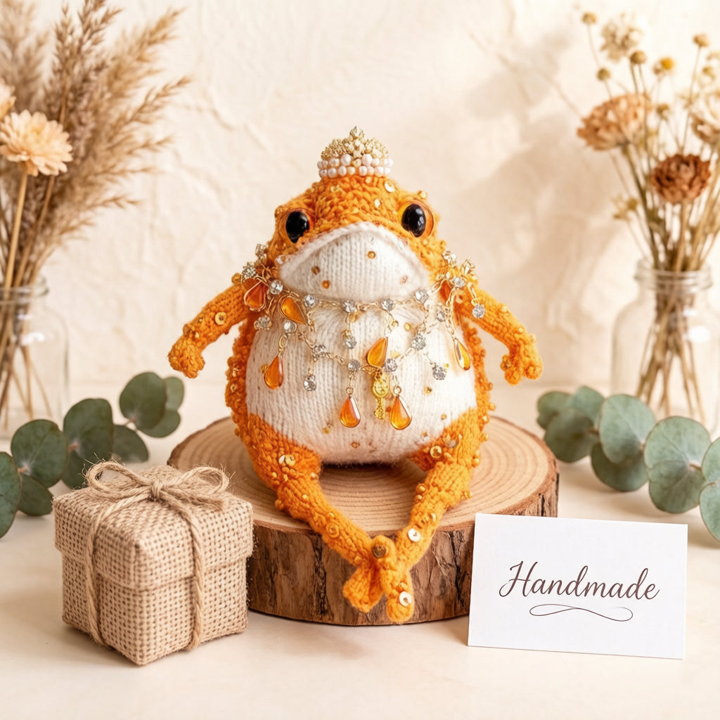 The Tangerine Toad Who Carries Luck – Hand-Knitted Orange Fortune Figurine with Pearl Crown, Amber Teardrops, Crystal Chains &amp; A Lucky Phone Charm | The Third Space