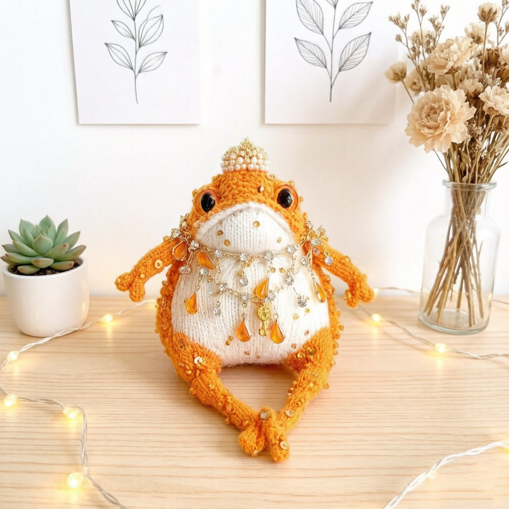 The Tangerine Toad Who Carries Luck – Hand-Knitted Orange Fortune Figurine with Pearl Crown, Amber Teardrops, Crystal Chains &amp; A Lucky Phone Charm | The Third Space