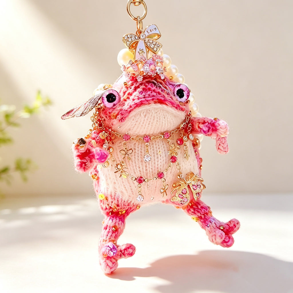 The Fairy Toad Who Carries Love – Hand-Knitted Pink Princess Bag Charm with Pearl Crown, Crystal Necklace, Sequin Limbs &amp; "Love" Tag | The Third Space