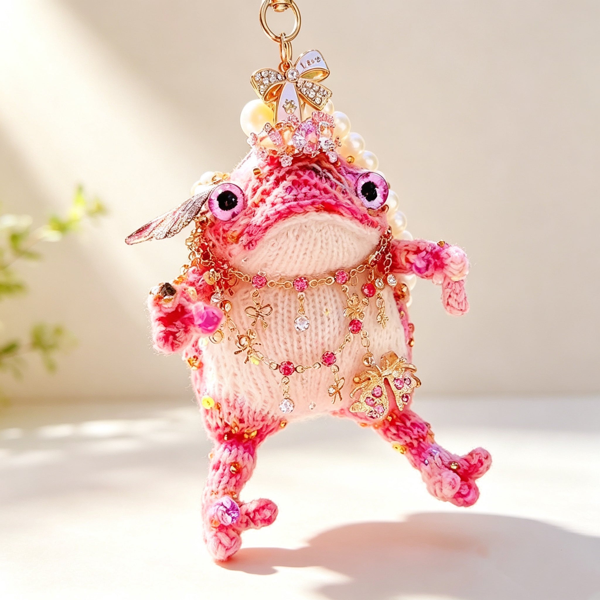 The Fairy Toad Who Carries Love – Hand-Knitted Pink Princess Bag Charm with Pearl Crown, Crystal Necklace, Sequin Limbs &amp; "Love" Tag | The Third Space