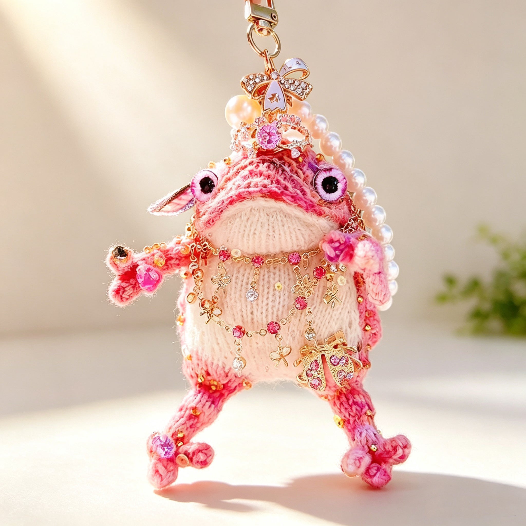 The Fairy Toad Who Carries Love – Hand-Knitted Pink Princess Bag Charm with Pearl Crown, Crystal Necklace, Sequin Limbs &amp; "Love" Tag | The Third Space