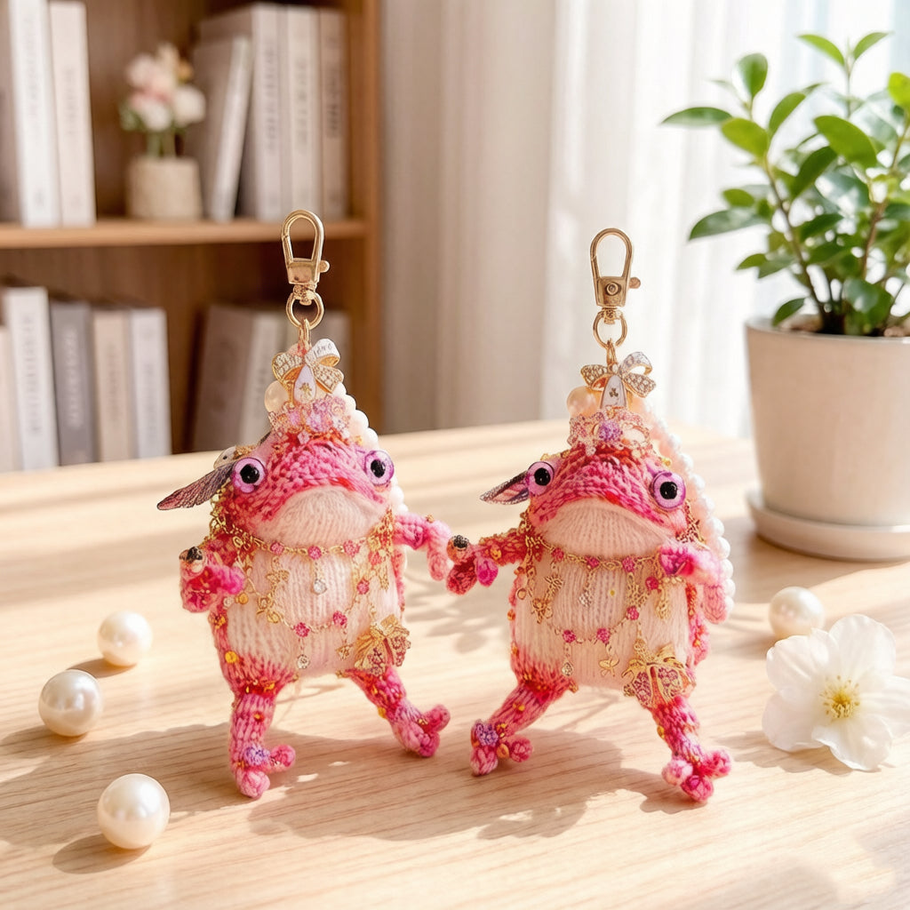 The Fairy Toad Who Carries Love – Hand-Knitted Pink Princess Bag Charm with Pearl Crown, Crystal Necklace, Sequin Limbs &amp; "Love" Tag | The Third Space