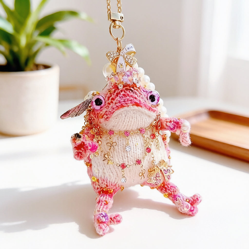 The Fairy Toad Who Carries Love – Hand-Knitted Pink Princess Bag Charm with Pearl Crown, Crystal Necklace, Sequin Limbs &amp; "Love" Tag | The Third Space