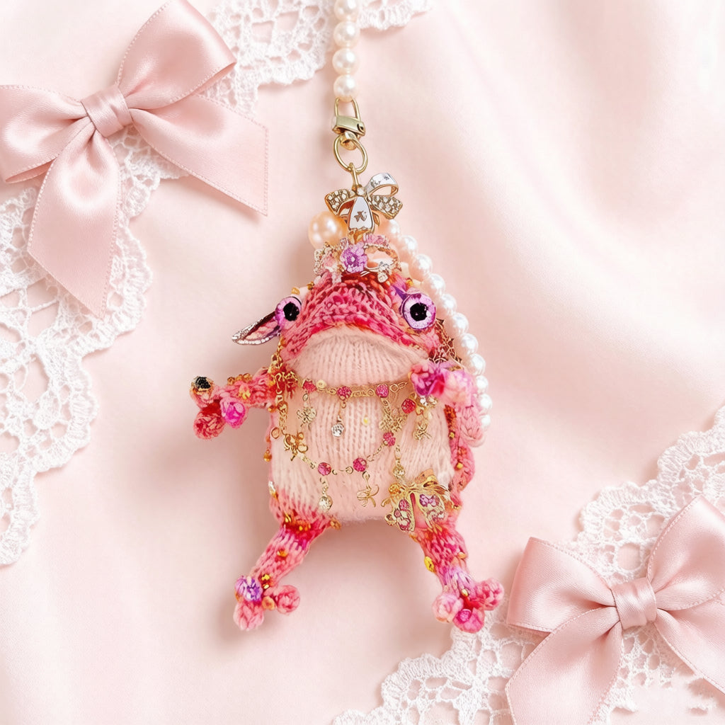 The Fairy Toad Who Carries Love – Hand-Knitted Pink Princess Bag Charm with Pearl Crown, Crystal Necklace, Sequin Limbs &amp; "Love" Tag | The Third Space