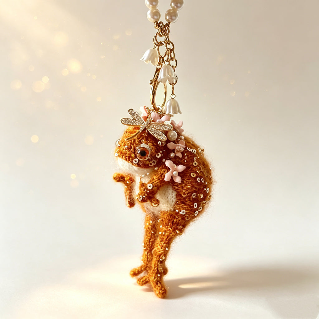 The Mini Toad Who Carries a Fairy Tale – Hand-Micro-Crochet Golden Charm with Blue-Violet Jewel Eyes, Crystal Crown, Pink Flowers, Pearl Chains &amp; Crystal Dragonfly | The Third Space