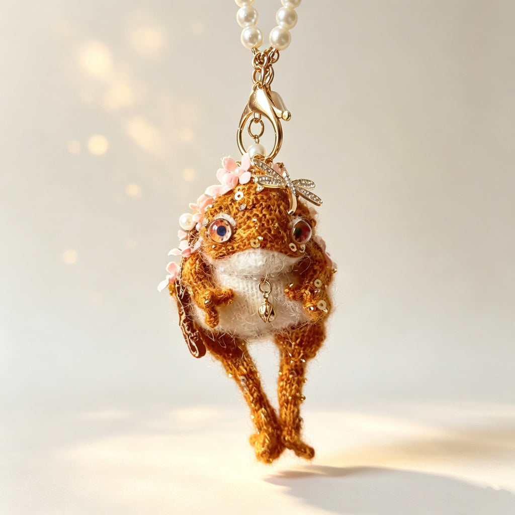 The Mini Toad Who Carries a Fairy Tale – Hand-Micro-Crochet Golden Charm with Blue-Violet Jewel Eyes, Crystal Crown, Pink Flowers, Pearl Chains &amp; Crystal Dragonfly | The Third Space