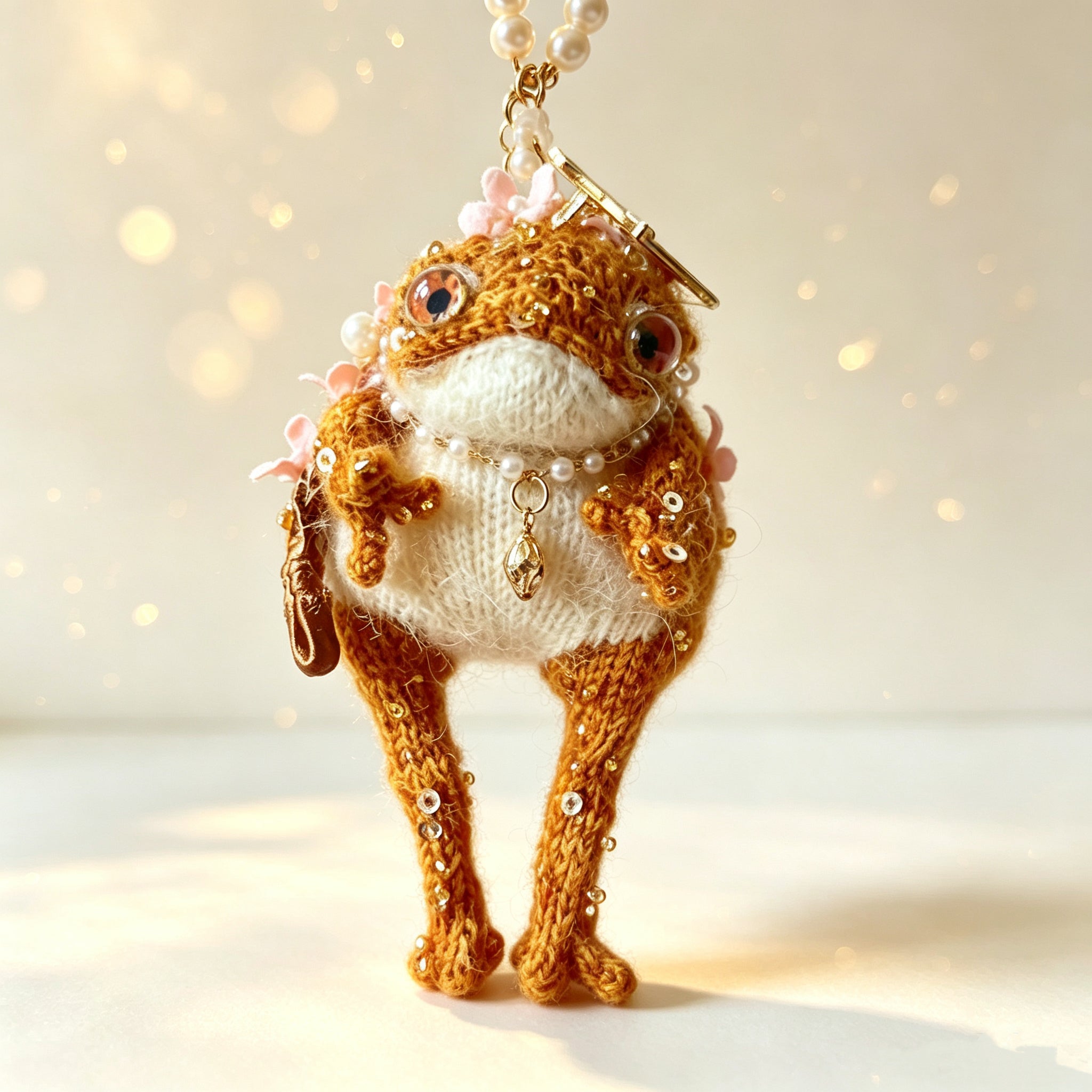 The Mini Toad Who Carries a Fairy Tale – Hand-Micro-Crochet Golden Charm with Blue-Violet Jewel Eyes, Crystal Crown, Pink Flowers, Pearl Chains &amp; Crystal Dragonfly | The Third Space