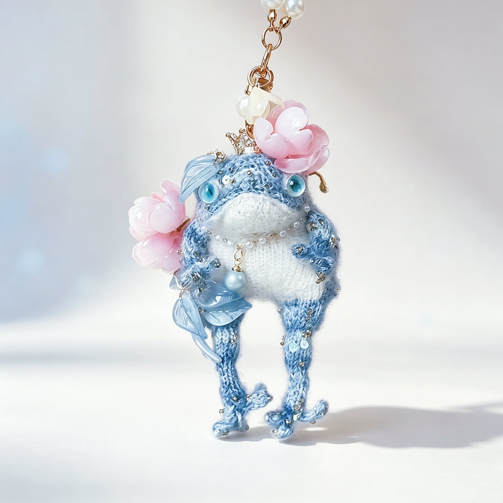 The Flower-Crowned Forest Prince – Hand-Knitted Miniature Toad Charm with Gold Crown, Blue Glass Eyes, Pink Blossoms, Pearl Necklace &amp; Sequin-Toed Limbs | The Third Space