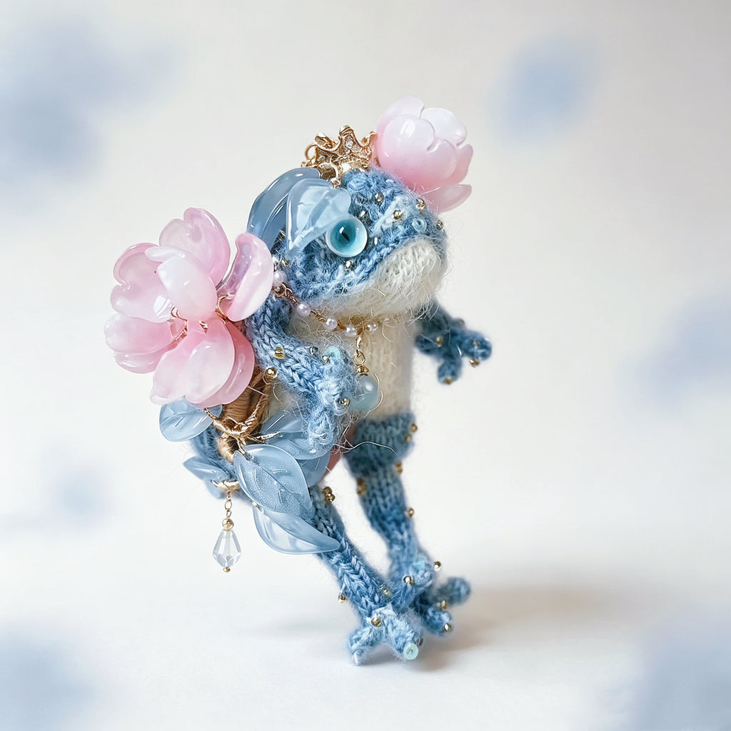 The Flower-Crowned Forest Prince – Hand-Knitted Miniature Toad Charm with Gold Crown, Blue Glass Eyes, Pink Blossoms, Pearl Necklace &amp; Sequin-Toed Limbs | The Third Space