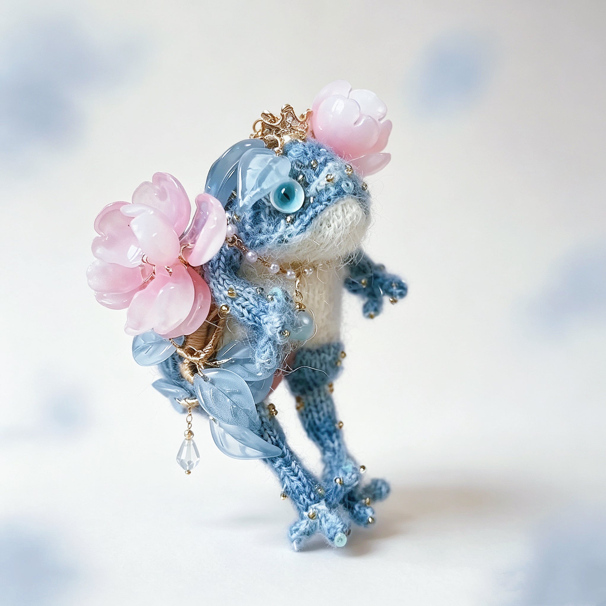 The Flower-Crowned Forest Prince – Hand-Knitted Miniature Toad Charm with Gold Crown, Blue Glass Eyes, Pink Blossoms, Pearl Necklace &amp; Sequin-Toed Limbs | The Third Space