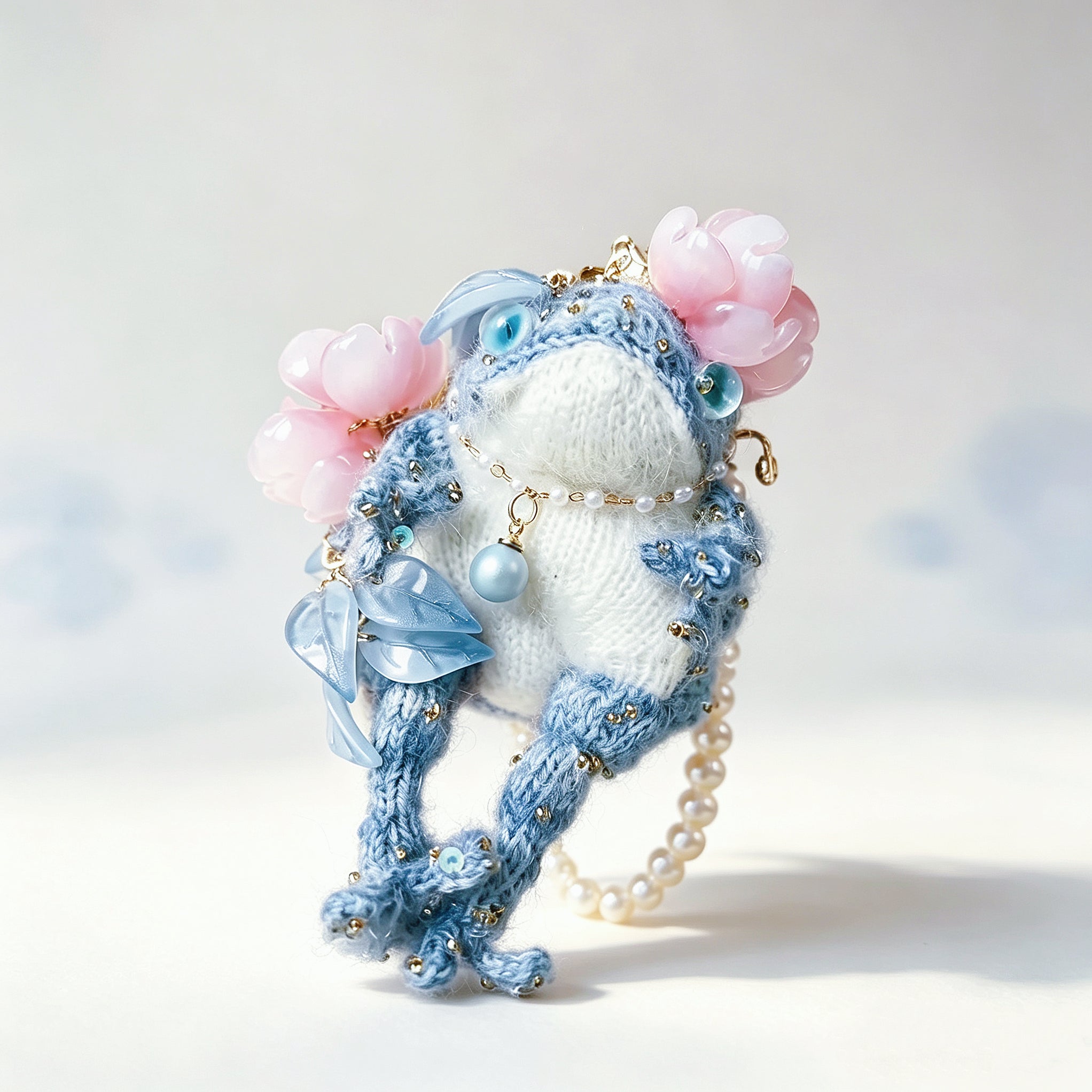 The Flower-Crowned Forest Prince – Hand-Knitted Miniature Toad Charm with Gold Crown, Blue Glass Eyes, Pink Blossoms, Pearl Necklace &amp; Sequin-Toed Limbs | The Third Space