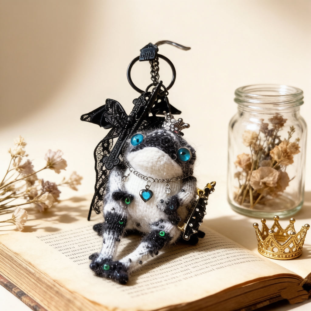 The Tiny Tyrant Who Rules the Midnight Court – Hand-Knitted Gothic Toad Charm with Crystal Crown, Sapphire Heart Necklace, Lace Bow, Tulle Cape &amp; Bejeweled Scepter | The Third Space