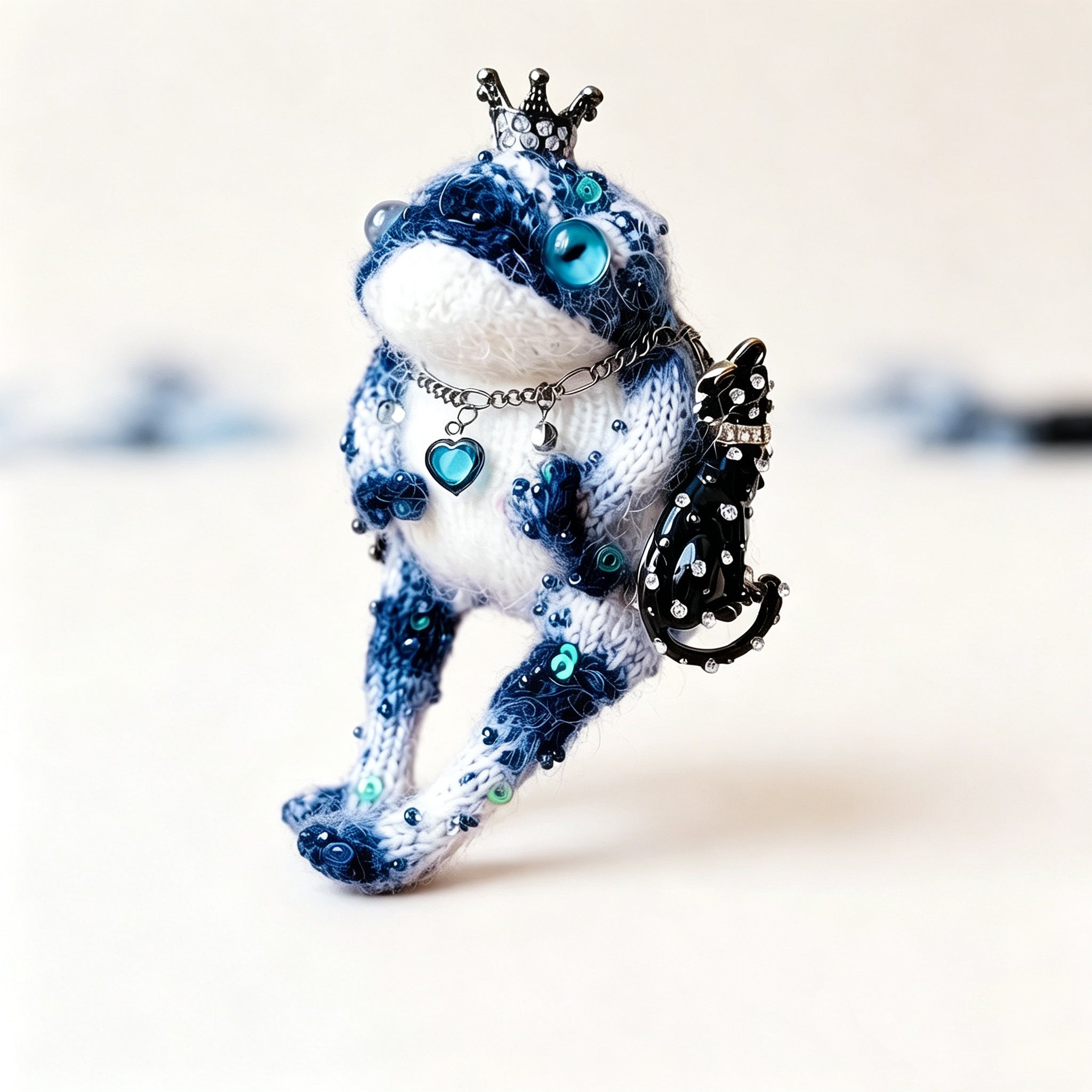 The Tiny Tyrant Who Rules the Midnight Court – Hand-Knitted Gothic Toad Charm with Crystal Crown, Sapphire Heart Necklace, Lace Bow, Tulle Cape &amp; Bejeweled Scepter | The Third Space