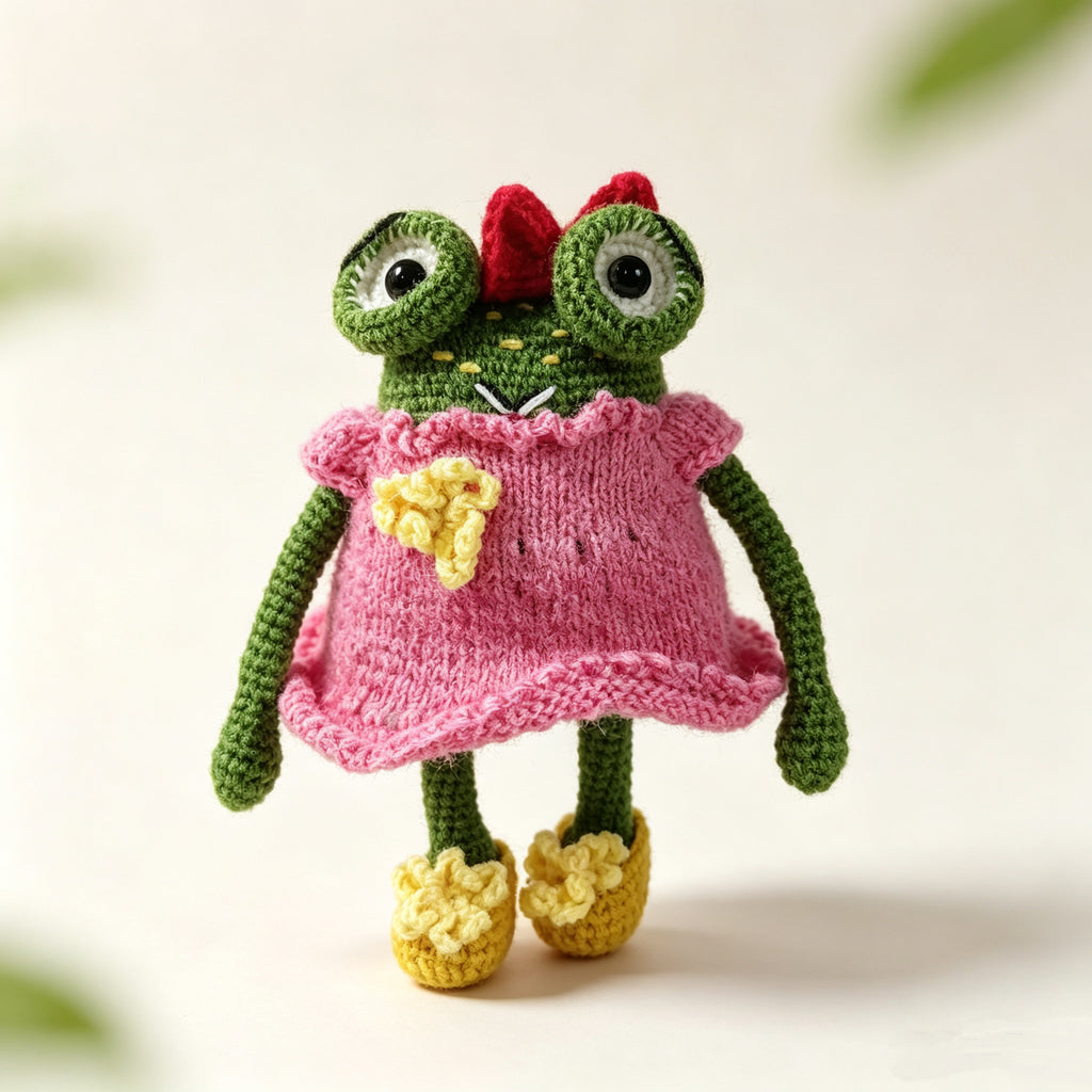 The Little Frog in a Pink Dress – Hand-Crocheted Bag Charm with Red Bow, Yellow Shoes, Pink Knit Dress, Floral Embellishments &amp; Metal Clasp | The Third Space
