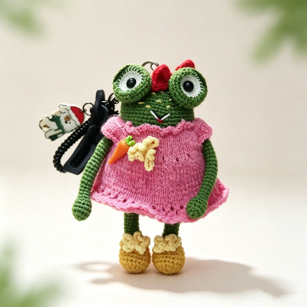The Little Frog in a Pink Dress – Hand-Crocheted Bag Charm with Red Bow, Yellow Shoes, Pink Knit Dress, Floral Embellishments &amp; Metal Clasp | The Third Space