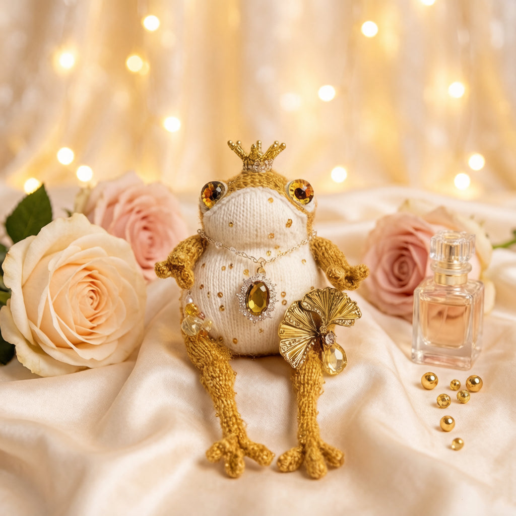 The Golden Frog Prince – Hand-Knitted Royal Charm with Mini Crown, Jewel Eyes, Gemstone Belly, Golden Limbs, Bow Accent &amp; Hanging Loop | The Third Space