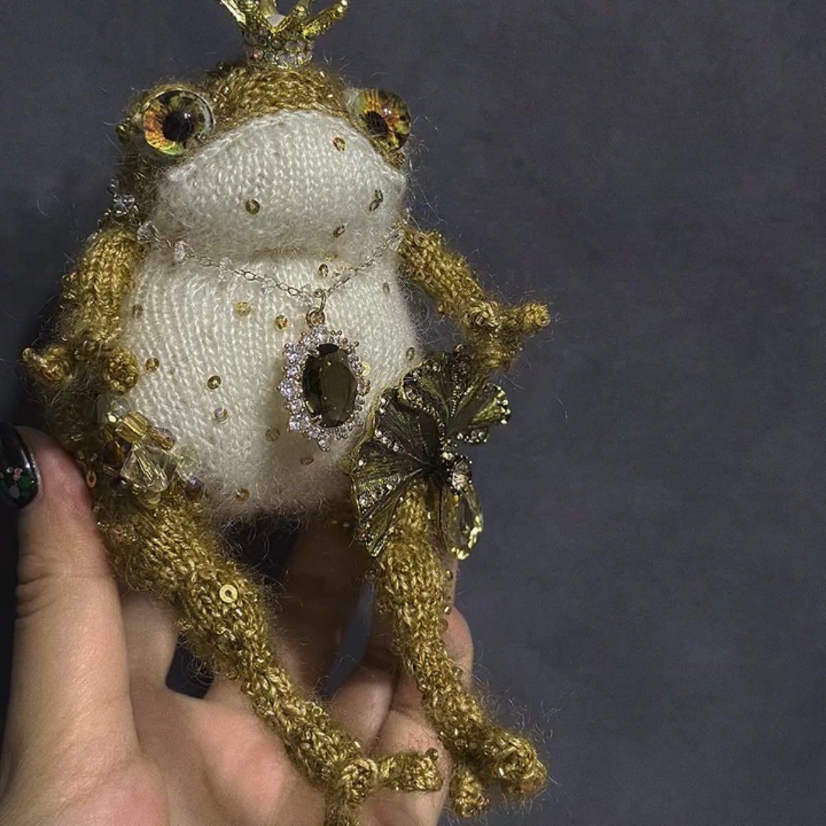 The Golden Frog Prince – Hand-Knitted Royal Charm with Mini Crown, Jewel Eyes, Gemstone Belly, Golden Limbs, Bow Accent &amp; Hanging Loop | The Third Space