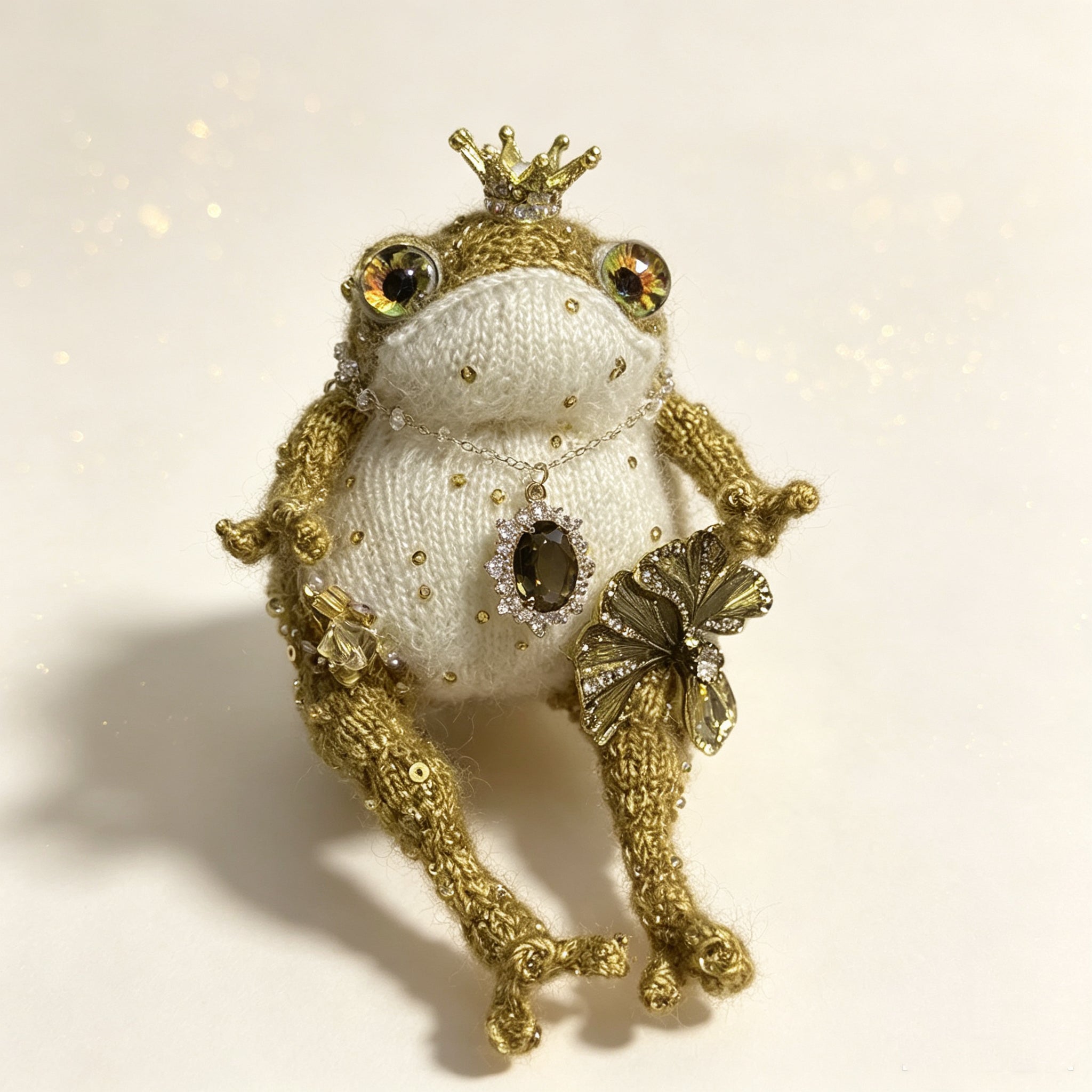 The Golden Frog Prince – Hand-Knitted Royal Charm with Mini Crown, Jewel Eyes, Gemstone Belly, Golden Limbs, Bow Accent &amp; Hanging Loop | The Third Space