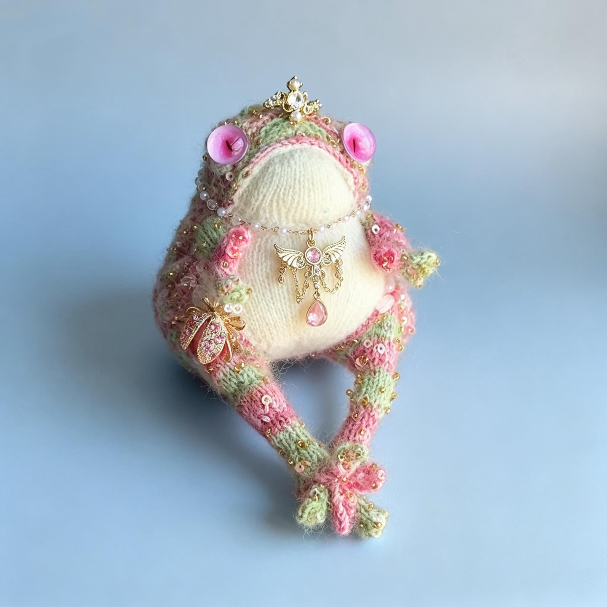 The Little Queen Who Sparkles – Hand-Knitted Toad Figurine with Mini Gold Crown, Pink Button Eyes, Gemstone Necklace, Gold Thread &amp; Sequin Embellishments | The Third Space