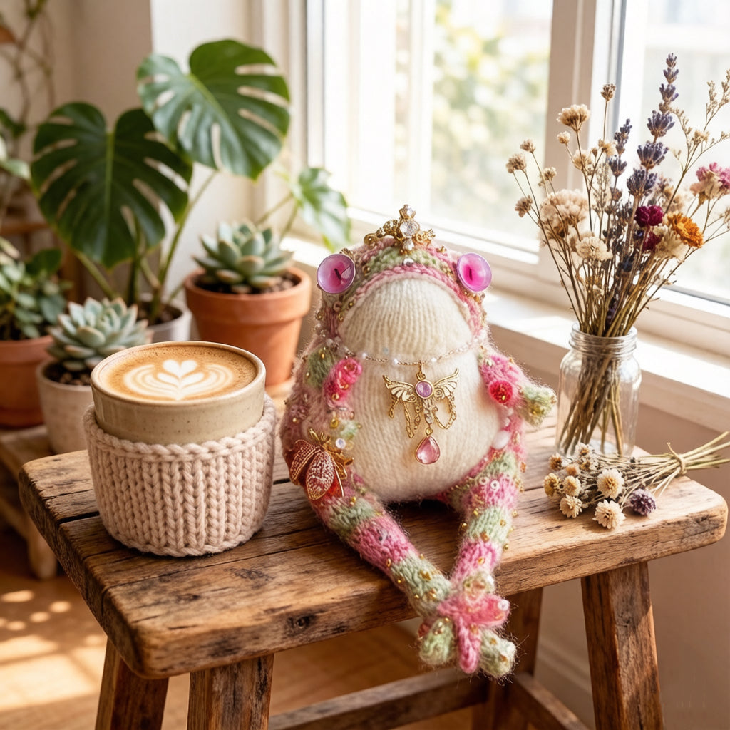 The Little Queen Who Sparkles – Hand-Knitted Toad Figurine with Mini Gold Crown, Pink Button Eyes, Gemstone Necklace, Gold Thread &amp; Sequin Embellishments | The Third Space