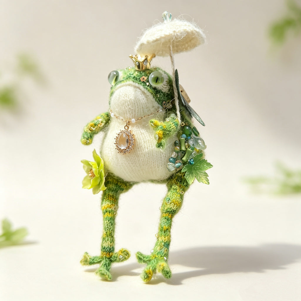 Three tiny green queens – The Garden Court Queens, Umbrellas, pearls, dragonflies, flowers, Choose Your Favorite Crowned Toad