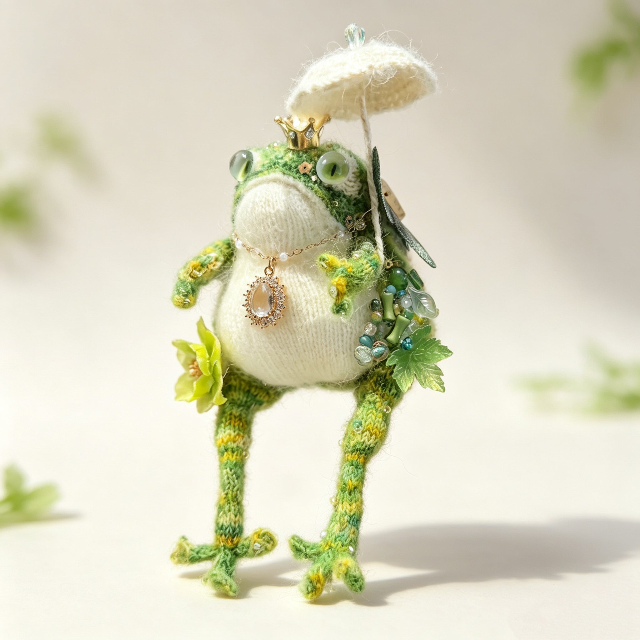 Three tiny green queens – The Garden Court Queens, Umbrellas, pearls, dragonflies, flowers, Choose Your Favorite Crowned Toad