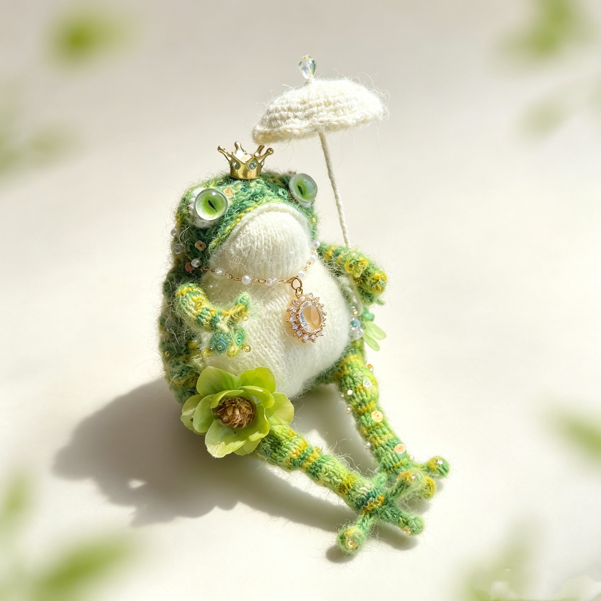 Three tiny green queens – The Garden Court Queens, Umbrellas, pearls, dragonflies, flowers, Choose Your Favorite Crowned Toad