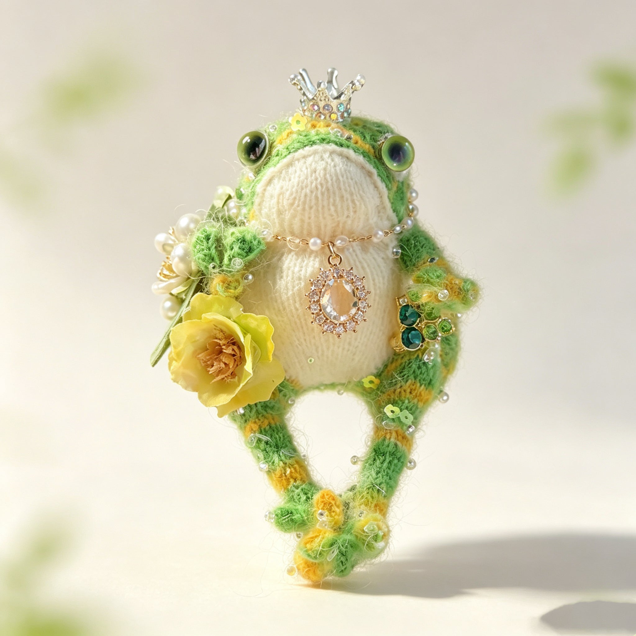 Three tiny green queens – The Garden Court Queens, Umbrellas, pearls, dragonflies, flowers, Choose Your Favorite Crowned Toad