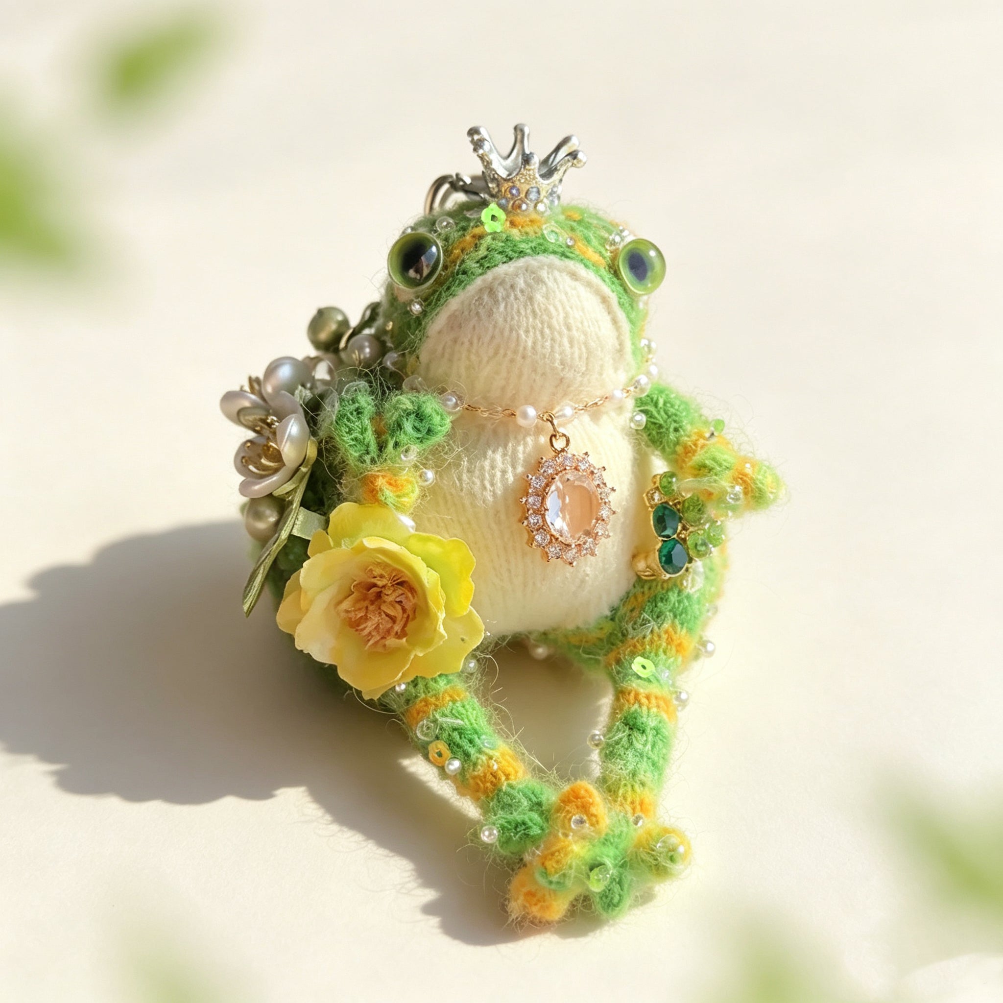 Three tiny green queens – The Garden Court Queens, Umbrellas, pearls, dragonflies, flowers, Choose Your Favorite Crowned Toad