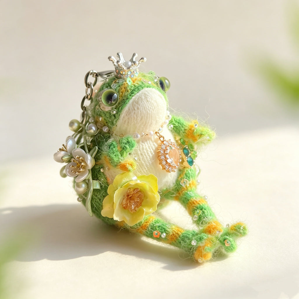 Three tiny green queens – The Garden Court Queens, Umbrellas, pearls, dragonflies, flowers, Choose Your Favorite Crowned Toad