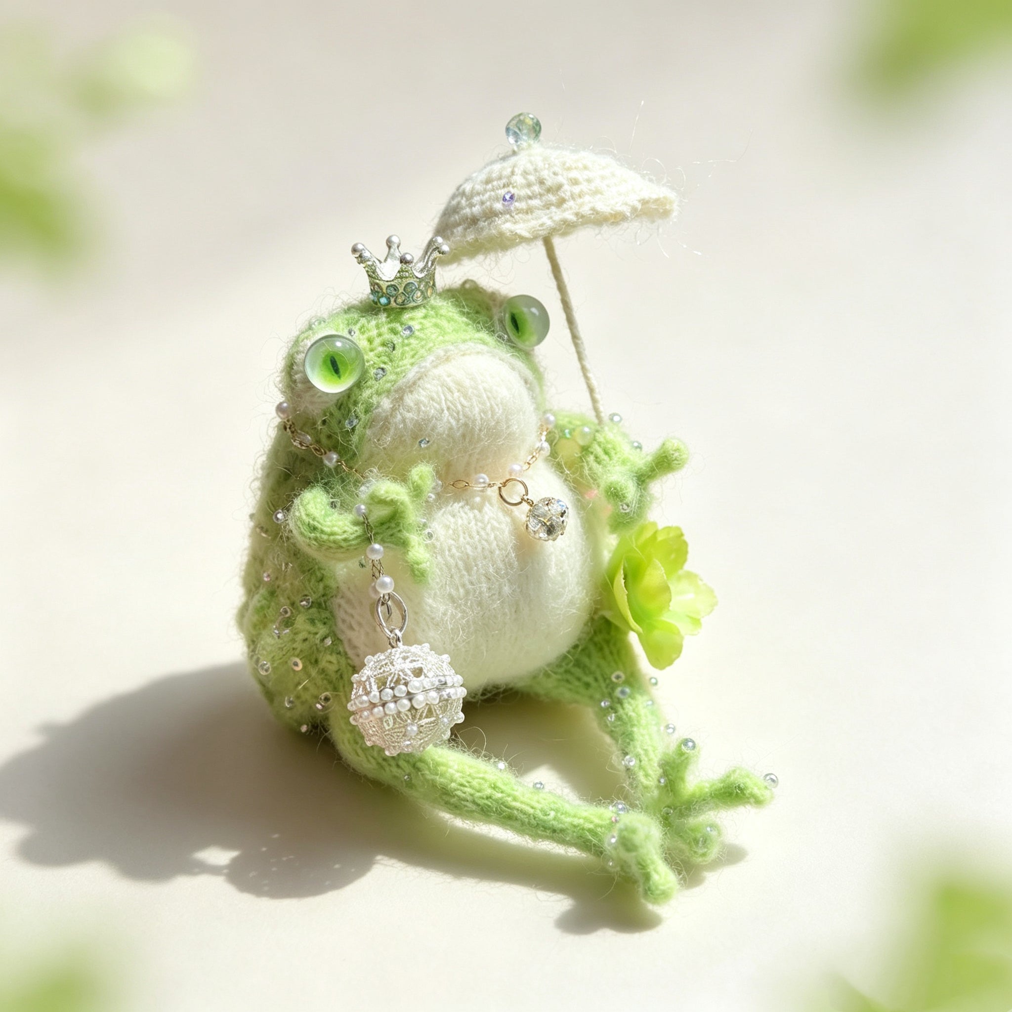 Three tiny green queens – The Garden Court Queens, Umbrellas, pearls, dragonflies, flowers, Choose Your Favorite Crowned Toad