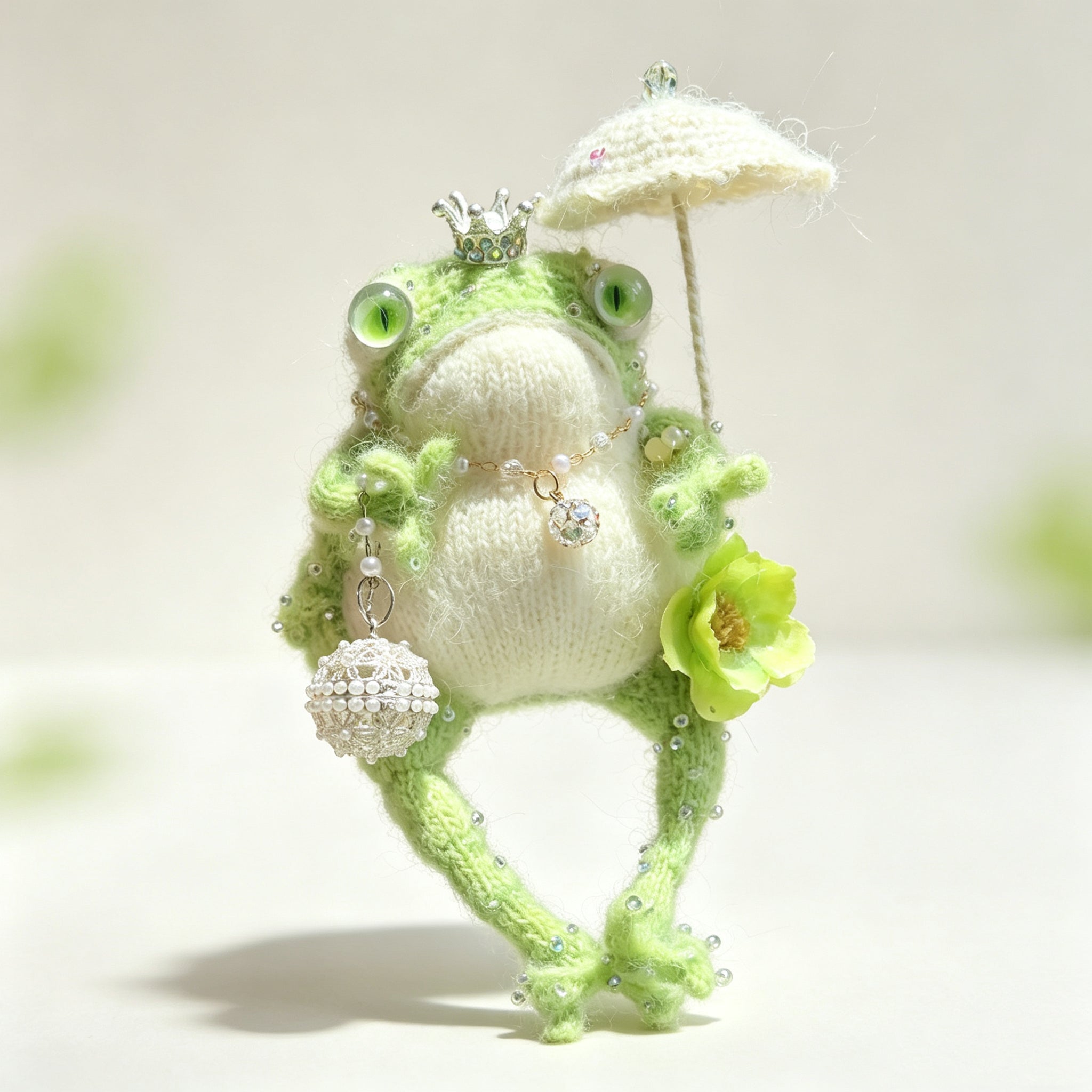 Three tiny green queens – The Garden Court Queens, Umbrellas, pearls, dragonflies, flowers, Choose Your Favorite Crowned Toad