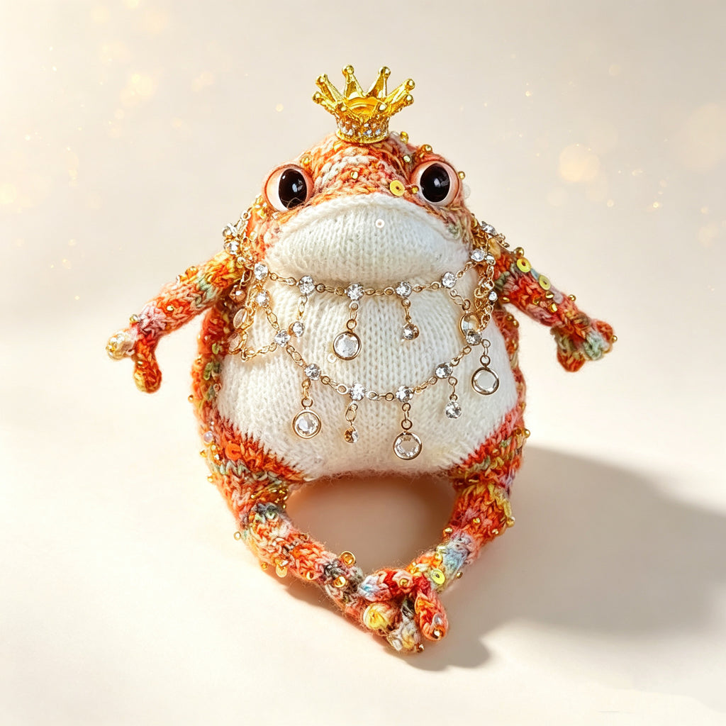 The Crowned Jewel King – Hand-Knitted Royal Toad Figurine with Gold Crown, Layered Jewel Necklaces, Sequin-Embellished Body, Beaded Limbs &amp; Plump Creamy Belly | The Third Space