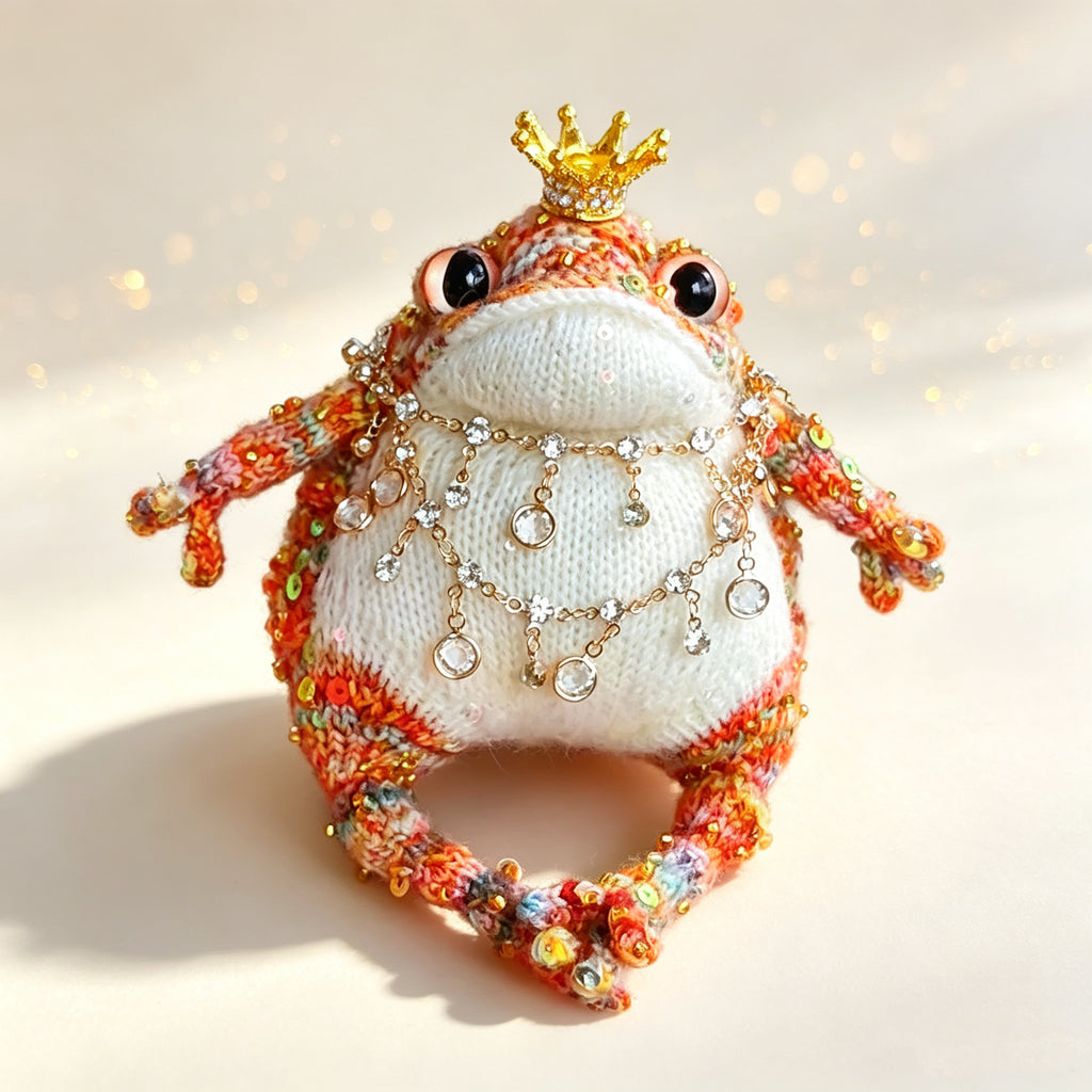 The Crowned Jewel King – Hand-Knitted Royal Toad Figurine with Gold Crown, Layered Jewel Necklaces, Sequin-Embellished Body, Beaded Limbs &amp; Plump Creamy Belly | The Third Space
